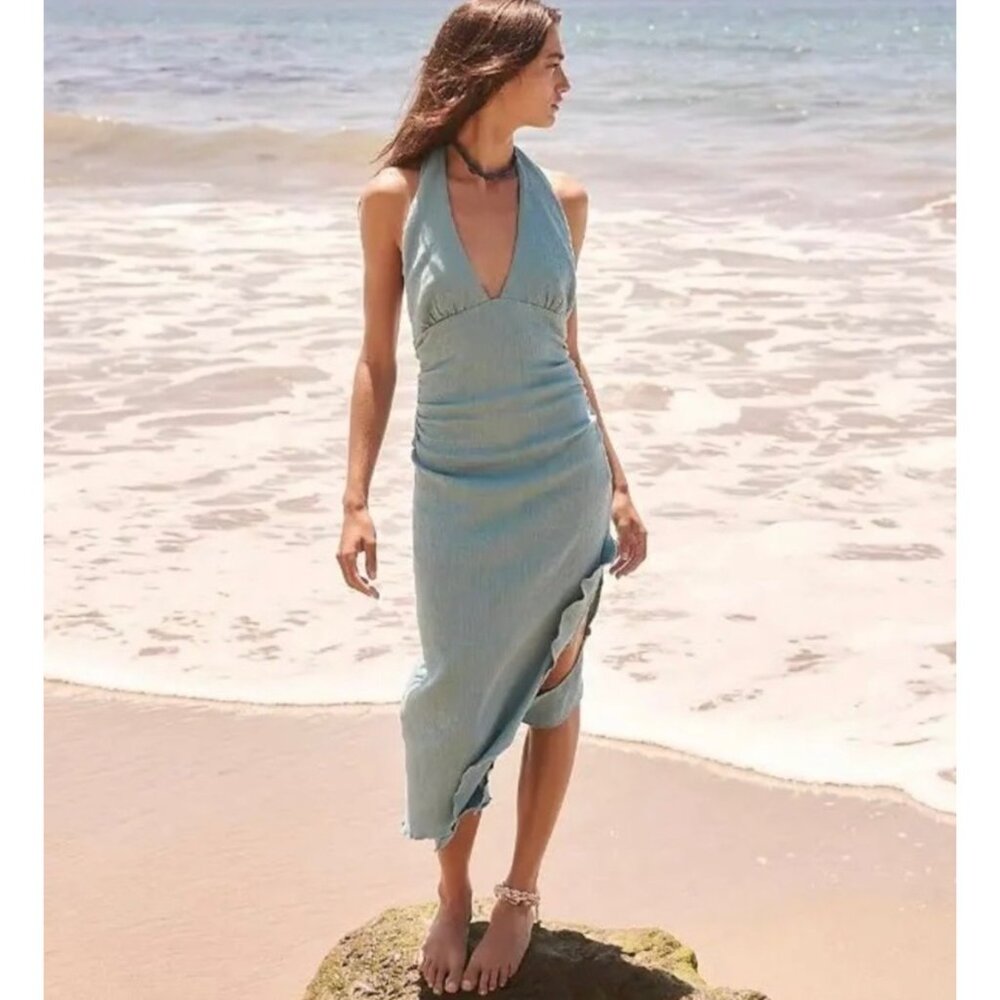 Free People Take A Dip Midi Asymmetrical Plunge Neckline Halter Dress Turquoise